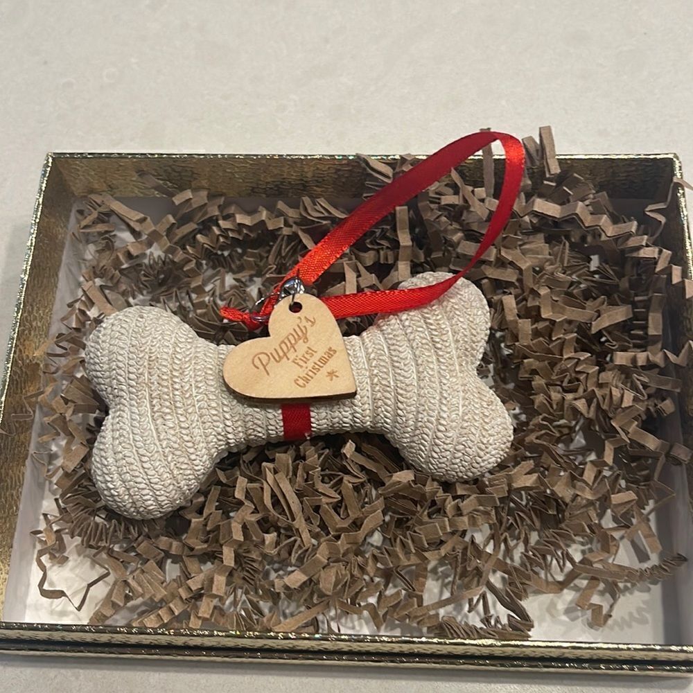 Puppy’s first Christmas ornament, super fun for everyone.